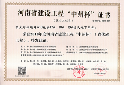 恒大(dà)綠洲項目A10地塊17#、18#、19#樓及地下(xià)車庫榮獲“2018年度河(hé)南(nán)省建設工程中州杯（省優質工程）”